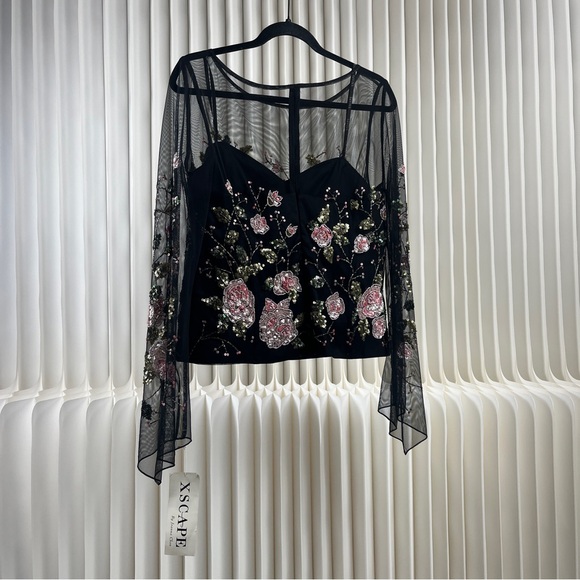 Elegant Formal Floral Embroidered Black Mesh Top with Boning - Picture 8 of 14